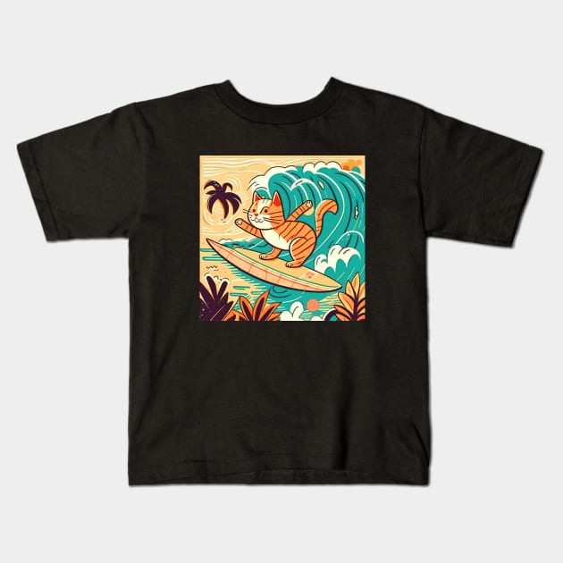 Mid Century Surfing Cat Kids T-Shirt by Kona Cat Creationz